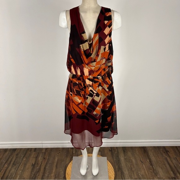 Le Chateau Abstract Burgundy and Orange Midi Dress - Picture 1 of 9